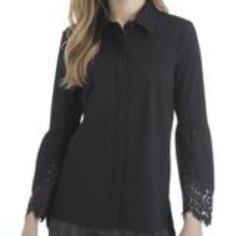 Black Lace Sleeved Button Down Top